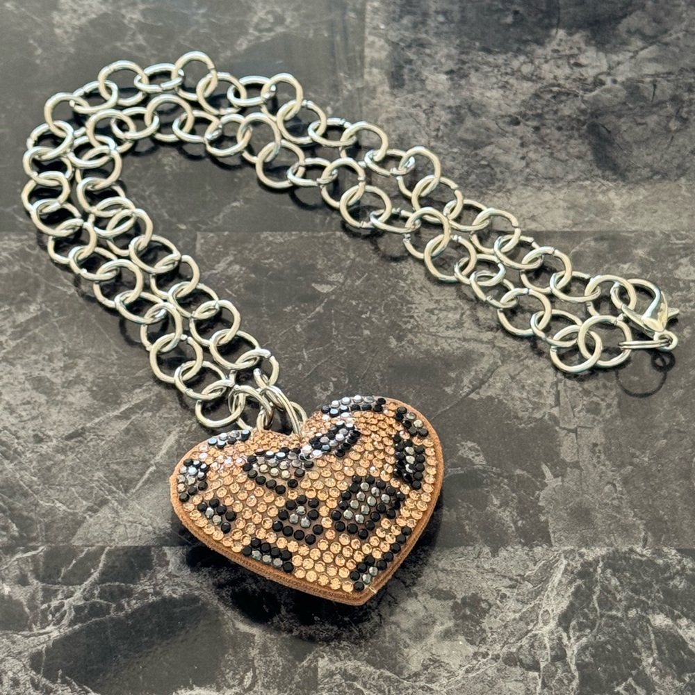 Leopard Print Rhinestone Heart Puffy Gold Felt 18” Necklace